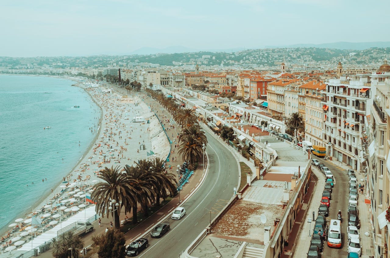 Stunning aerial view of Nice, France showcasing the vibrant beachfront and urban architecture.